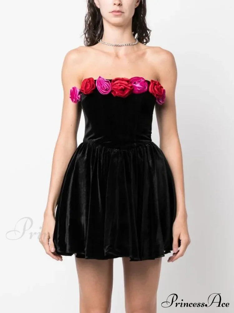 Red Strapless 3D Flower Mini Party Dress Black / Xs Partydress-241208