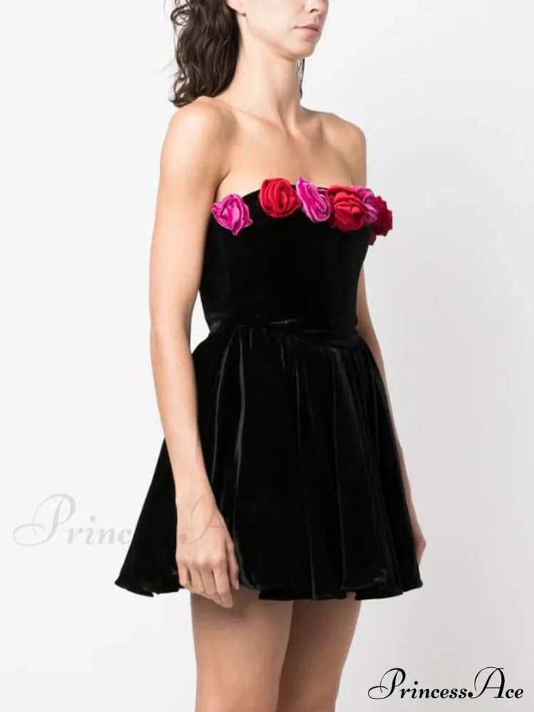 Red Strapless 3D Flower Mini Party Dress Partydress-241208