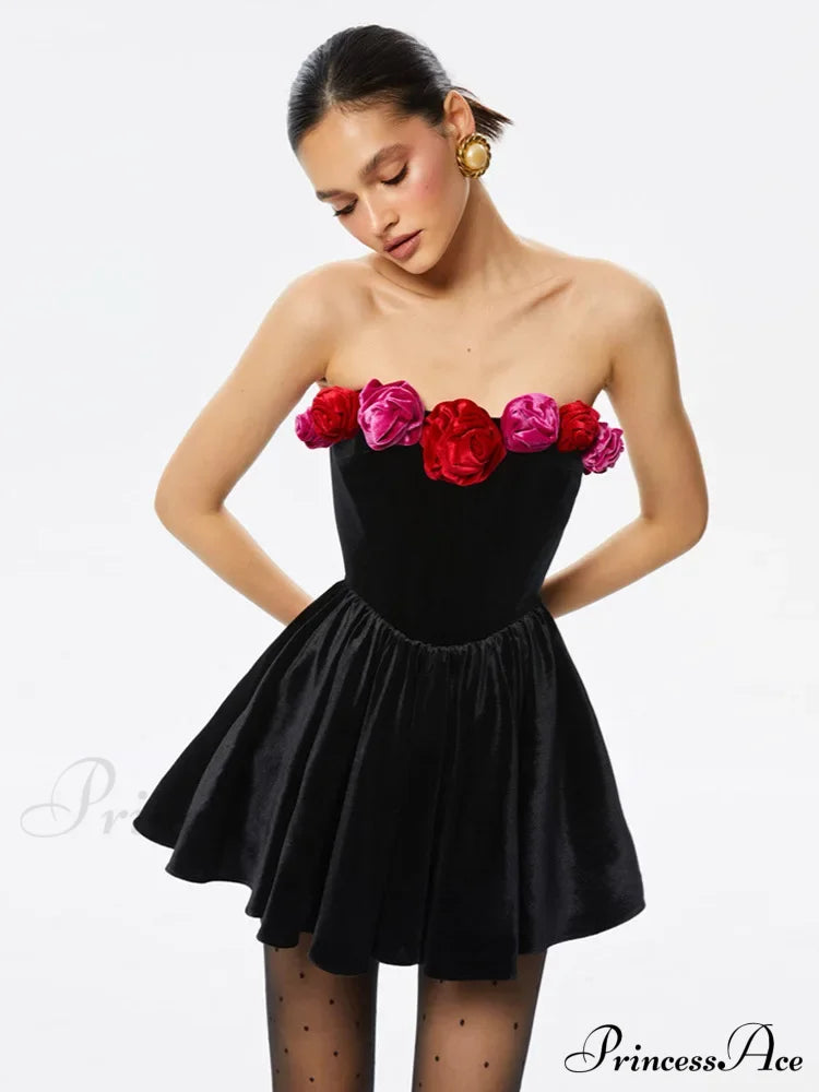 Red Strapless 3D Flower Mini Party Dress Partydress-241208