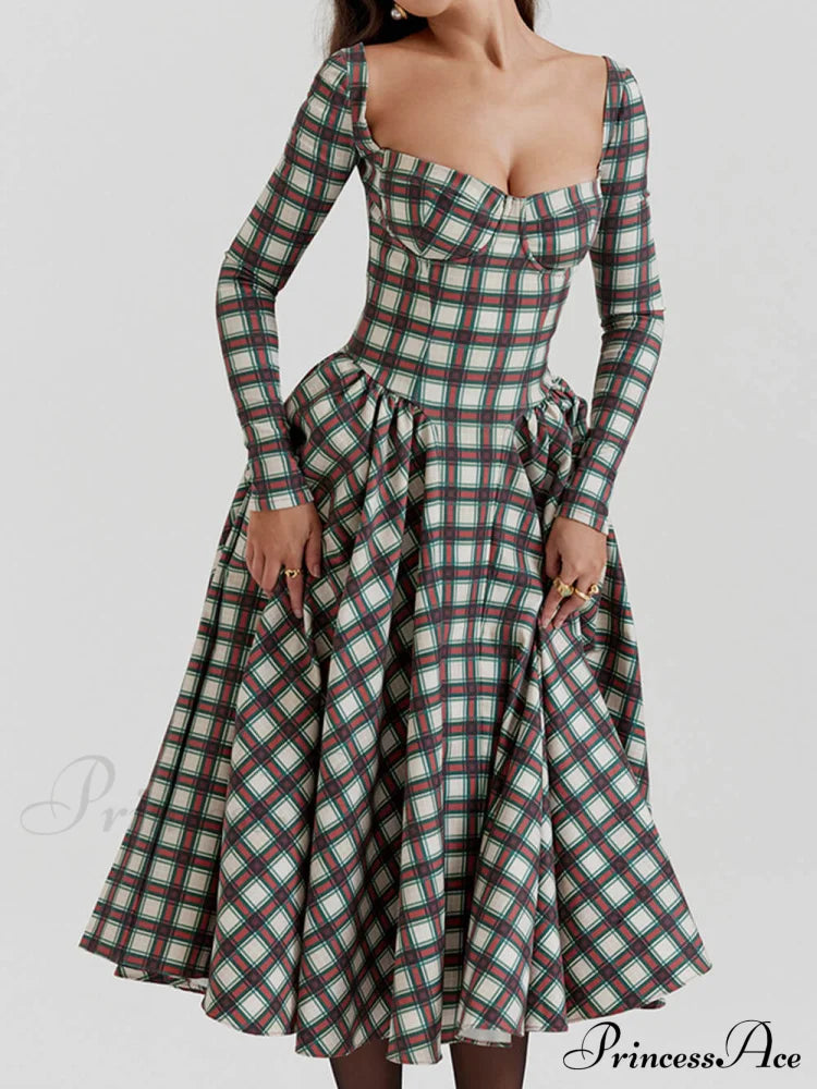 Red Tartan Stylish Corset Midi Dress Dresses