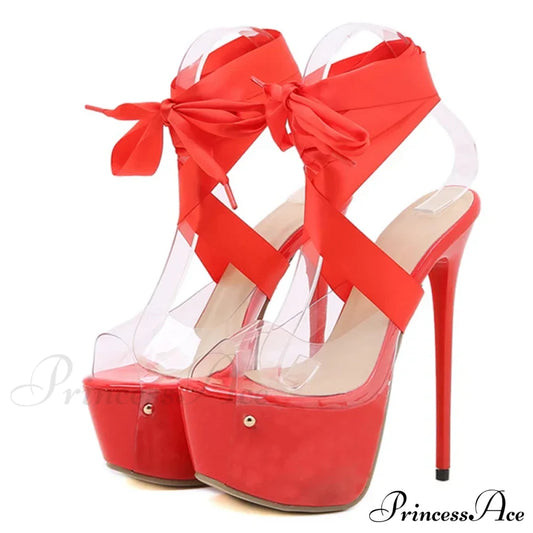 Red Thigh-High Lace-Up Platform Transparent Stiletto Peep-Toe Sexy Stripper High Heel / 35