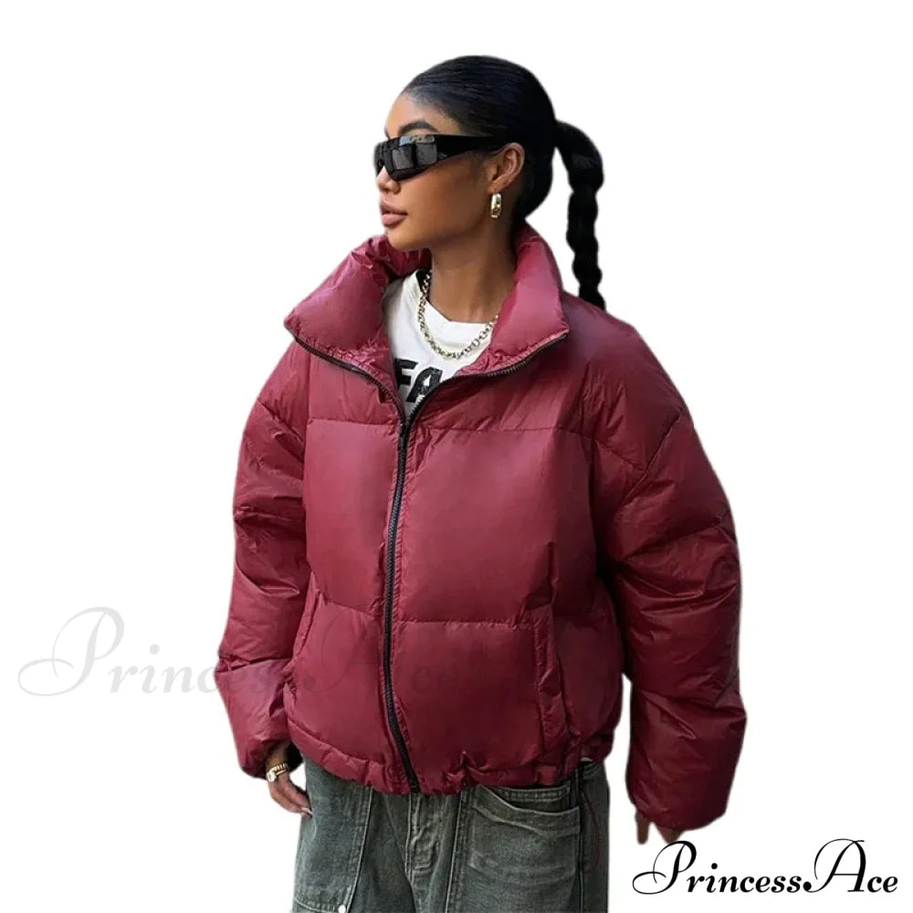 Red Turn-Down Collar Zipper Coat Coats-241208