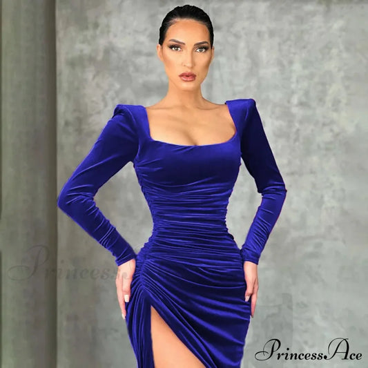 Red Velvet Elegant Midi Christmas Party Dress Blue / S Dresses-L