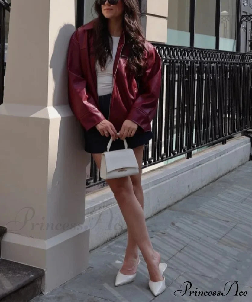 Red Wine Leather Lapel Coat Coats-241208