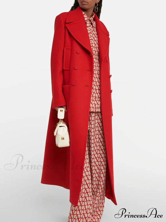 Red Woolen Double Breasted Coat / S Coats-241208