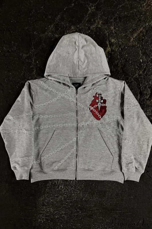 Relaxed Fit Chain Heart 3D Embroidery Print Hoodie Grey / S