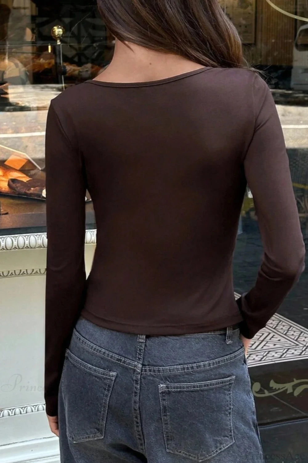 Resin Bead Metal Decor Ruched V Neck Fitted Long Sleeve Tee