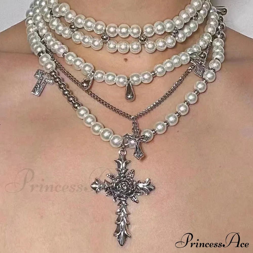 Retro Baroque Style Cross Pearl Layered Fashion Necklace Halloween