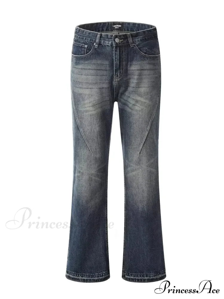 Retro Blue Slim Fit Micro Flare Spring And Autumn Loose Spliced Lines Drop Feel Trendy Jean