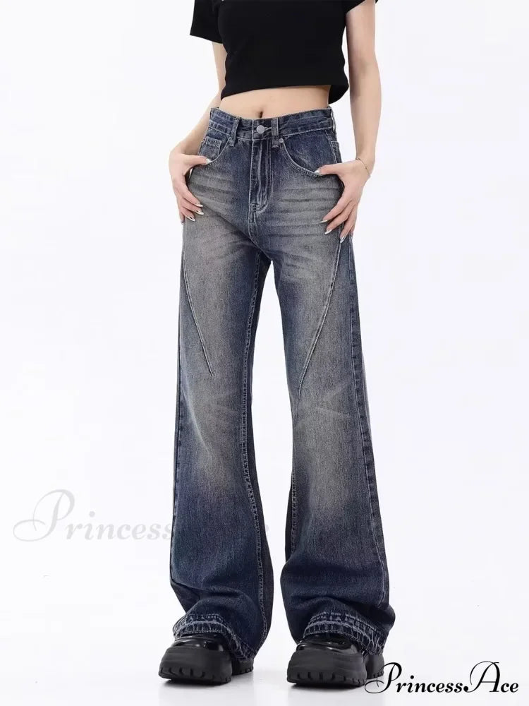 Retro Blue Slim Fit Micro Flare Spring And Autumn Loose Spliced Lines Drop Feel Trendy Jean