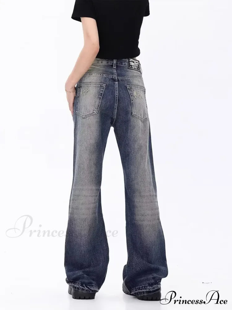 Retro Blue Slim Fit Micro Flare Spring And Autumn Loose Spliced Lines Drop Feel Trendy Jean