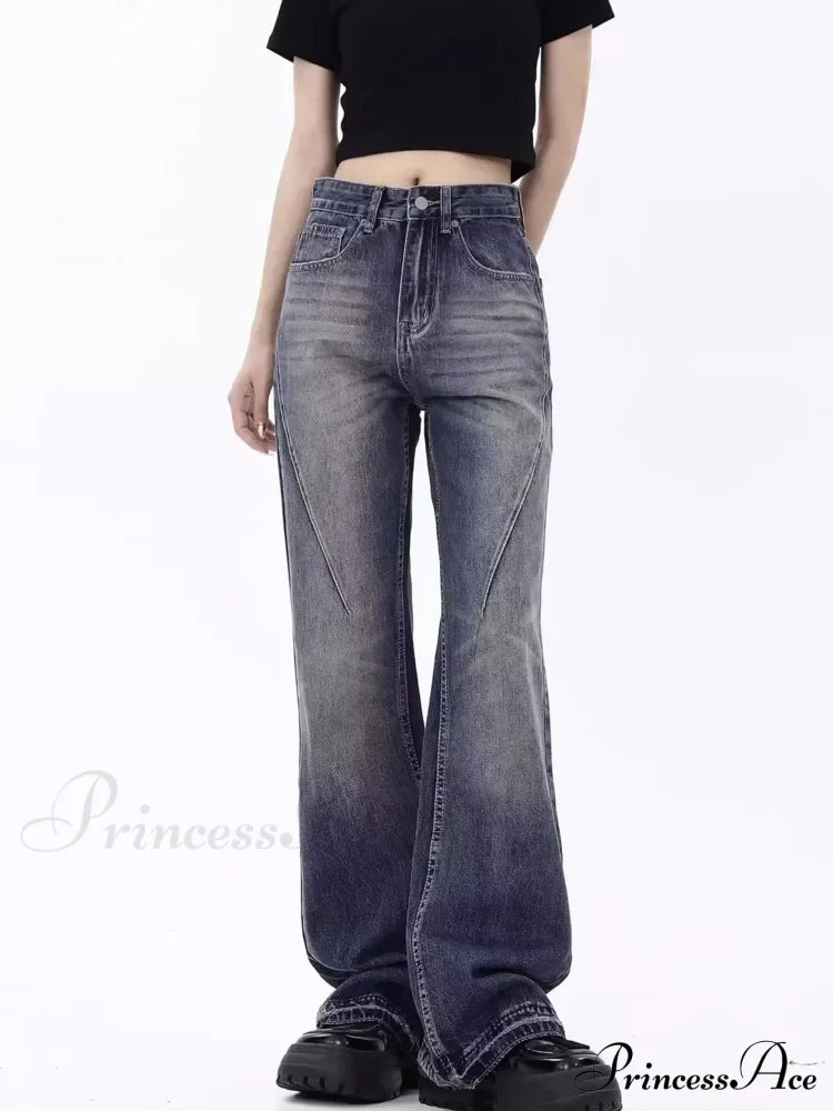 Retro Blue Slim Fit Micro Flare Spring And Autumn Loose Spliced Lines Drop Feel Trendy Jean