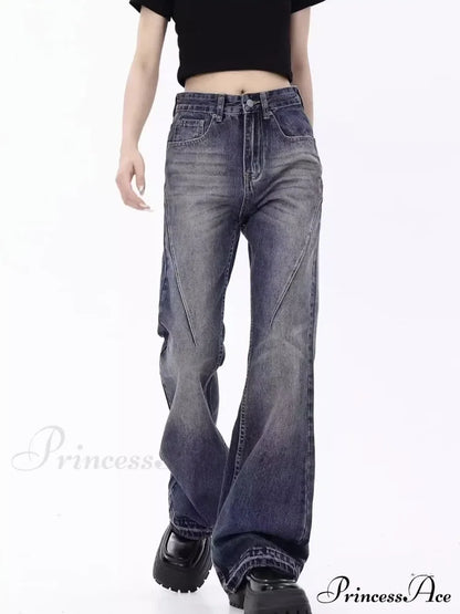 Retro Blue Slim Fit Micro Flare Spring And Autumn Loose Spliced Lines Drop Feel Trendy Jean