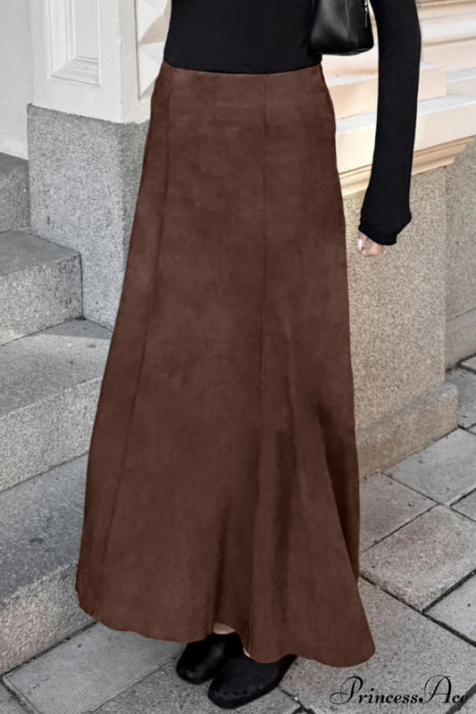 Retro Brown Suede High Waist Maxi Skirt Brown / S