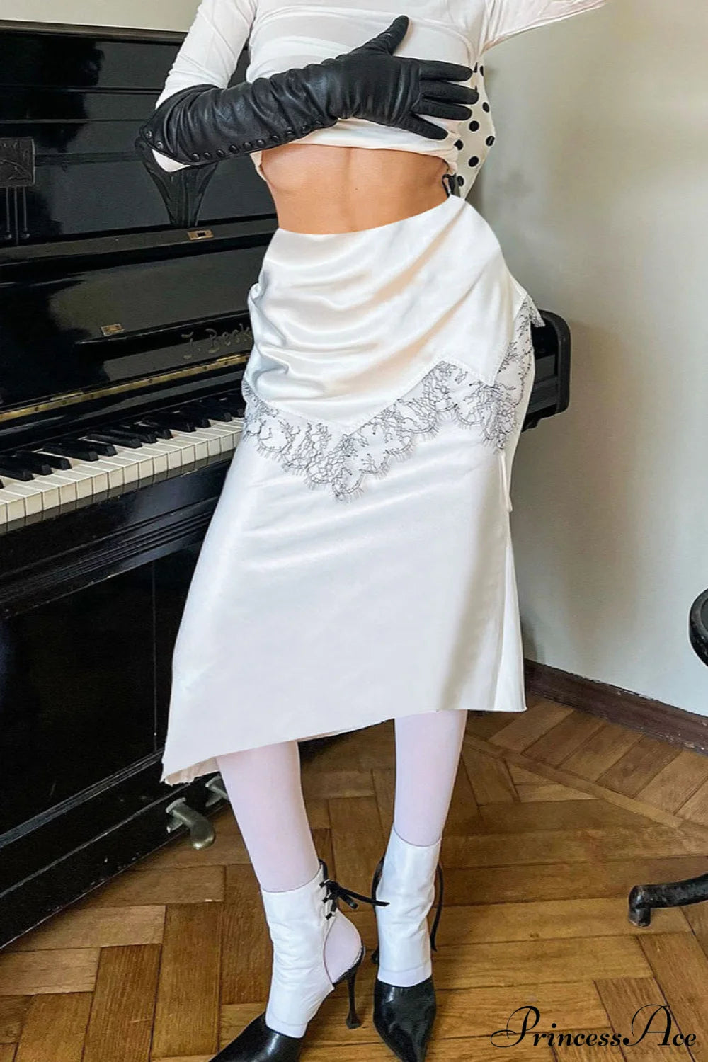 Retro Color Block Lace Panel Slim Skirt White / S