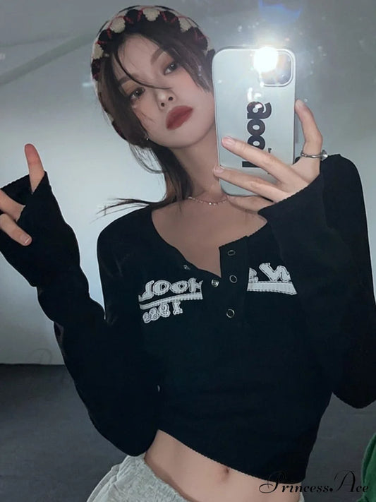 Retro Crop Fit Tee Slim Top Y2K Long O-Neck Graffiti Design Women Arm Streetwear Black / M