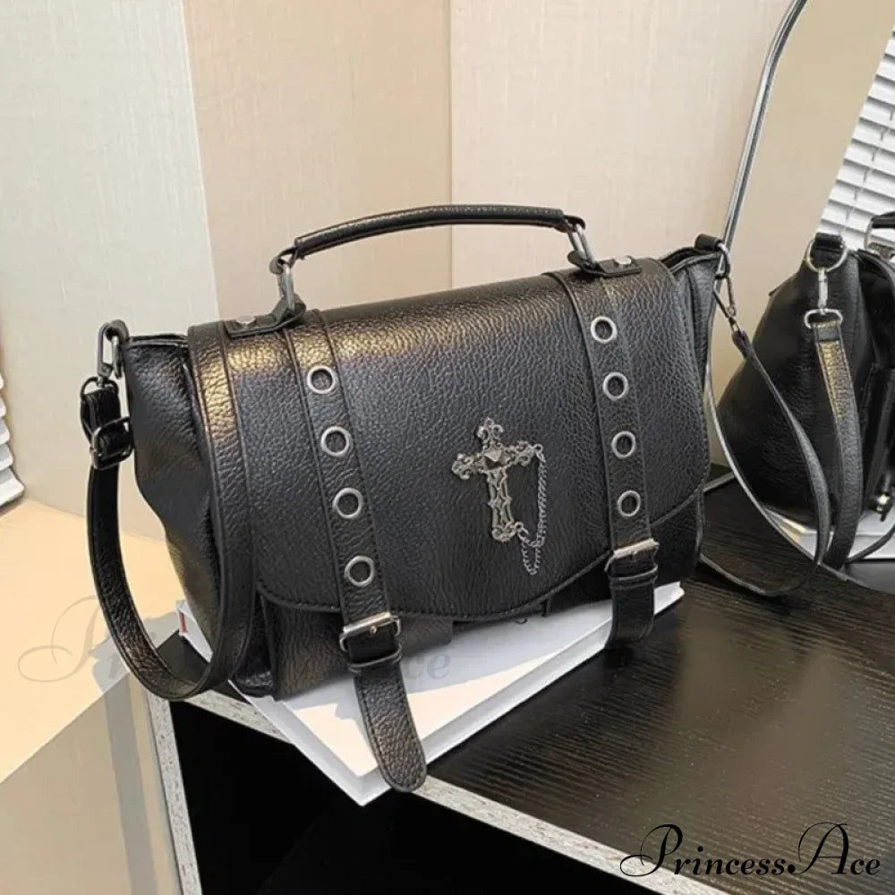 Retro Cross Black Messenger Gothic Dark Leather Casual Y2K Crossbody Shoulder Bag Halloween