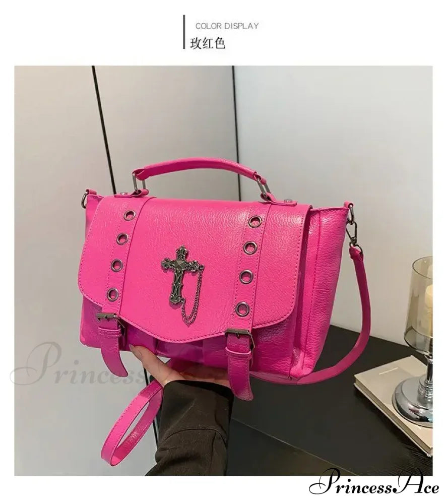 Retro Cross Black Messenger Gothic Dark Leather Casual Y2K Crossbody Shoulder Bag Pink Halloween