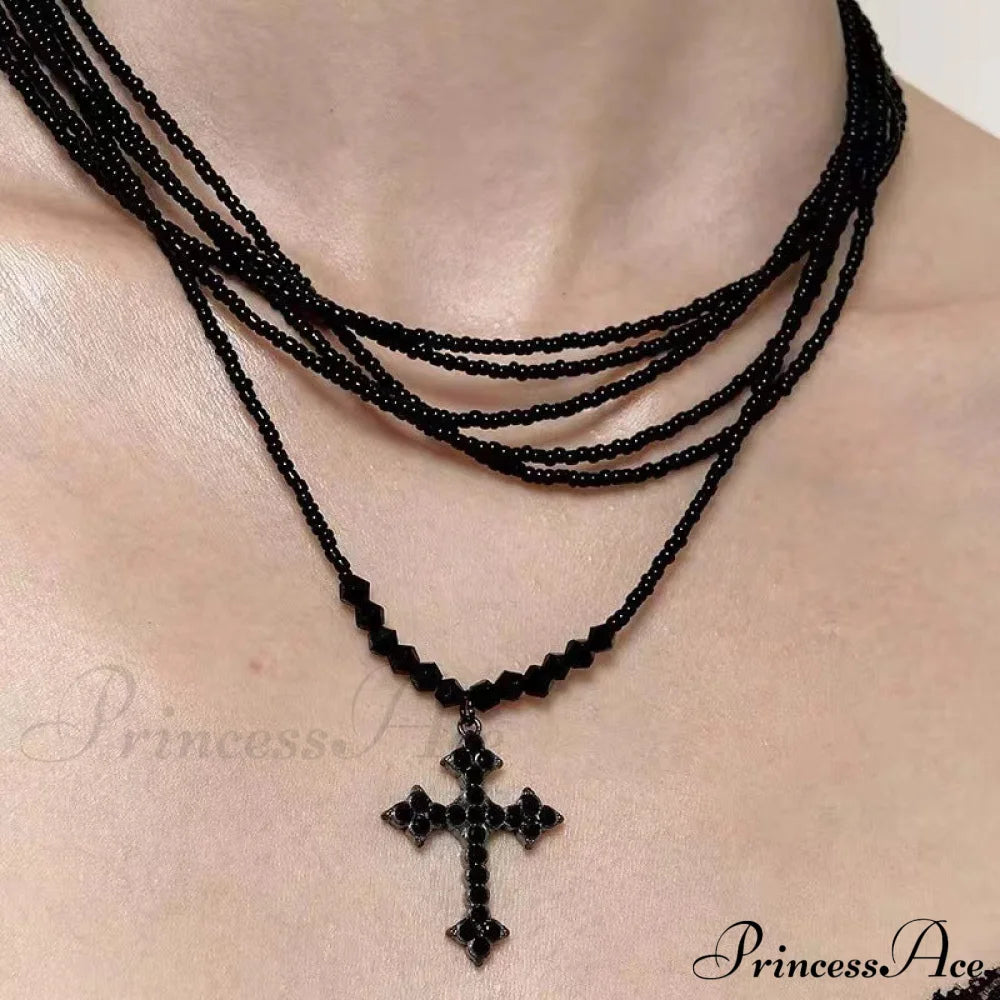 Retro Cross Layered Beaded Sweet Cool Punk Necklace Black Halloween