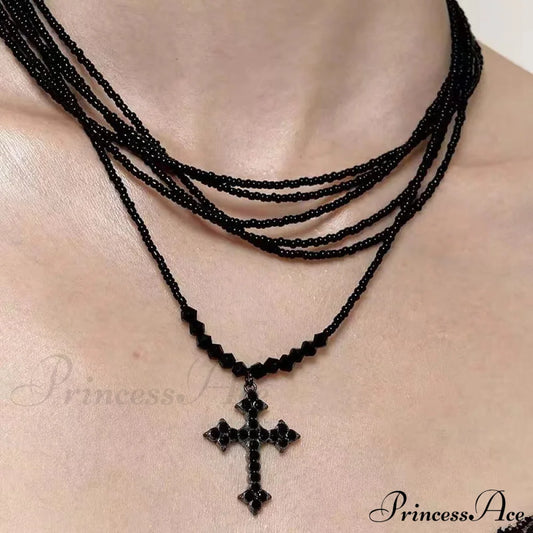 Retro Cross Layered Beaded Sweet Cool Punk Necklace Black Halloween