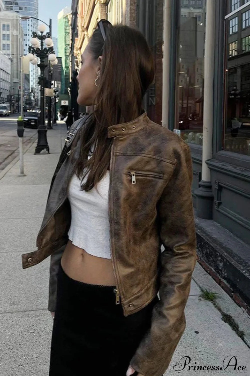 Retro Distressed Coffee Cropped Stand-Collar PU Jacket