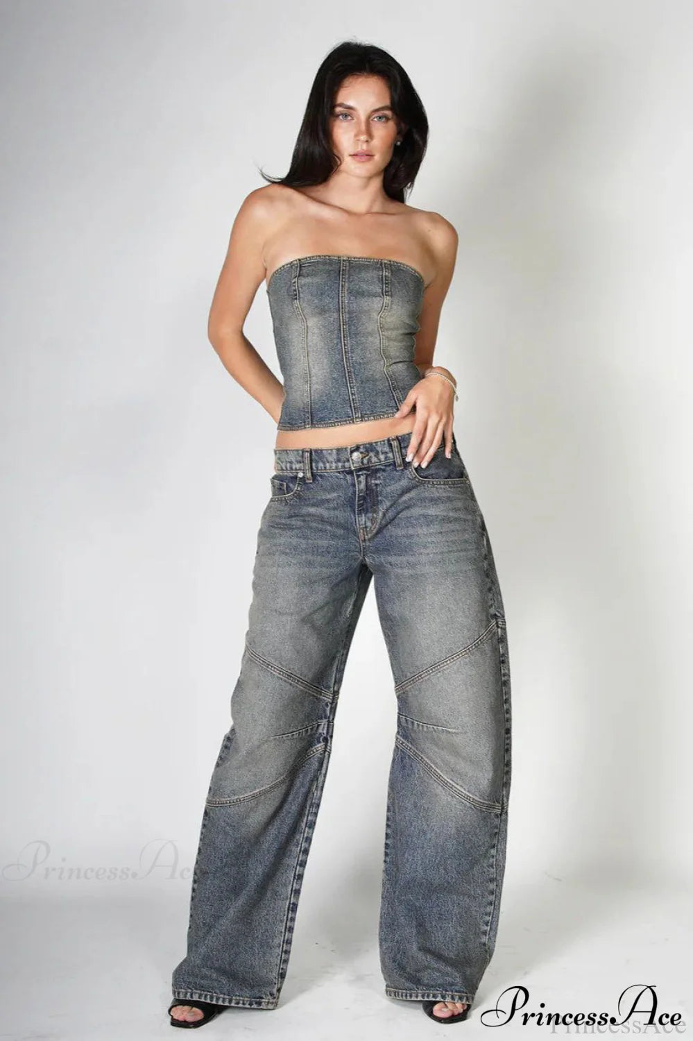 Retro Distressed Deconstructed Wide Leg Jeans Dark Blue / S