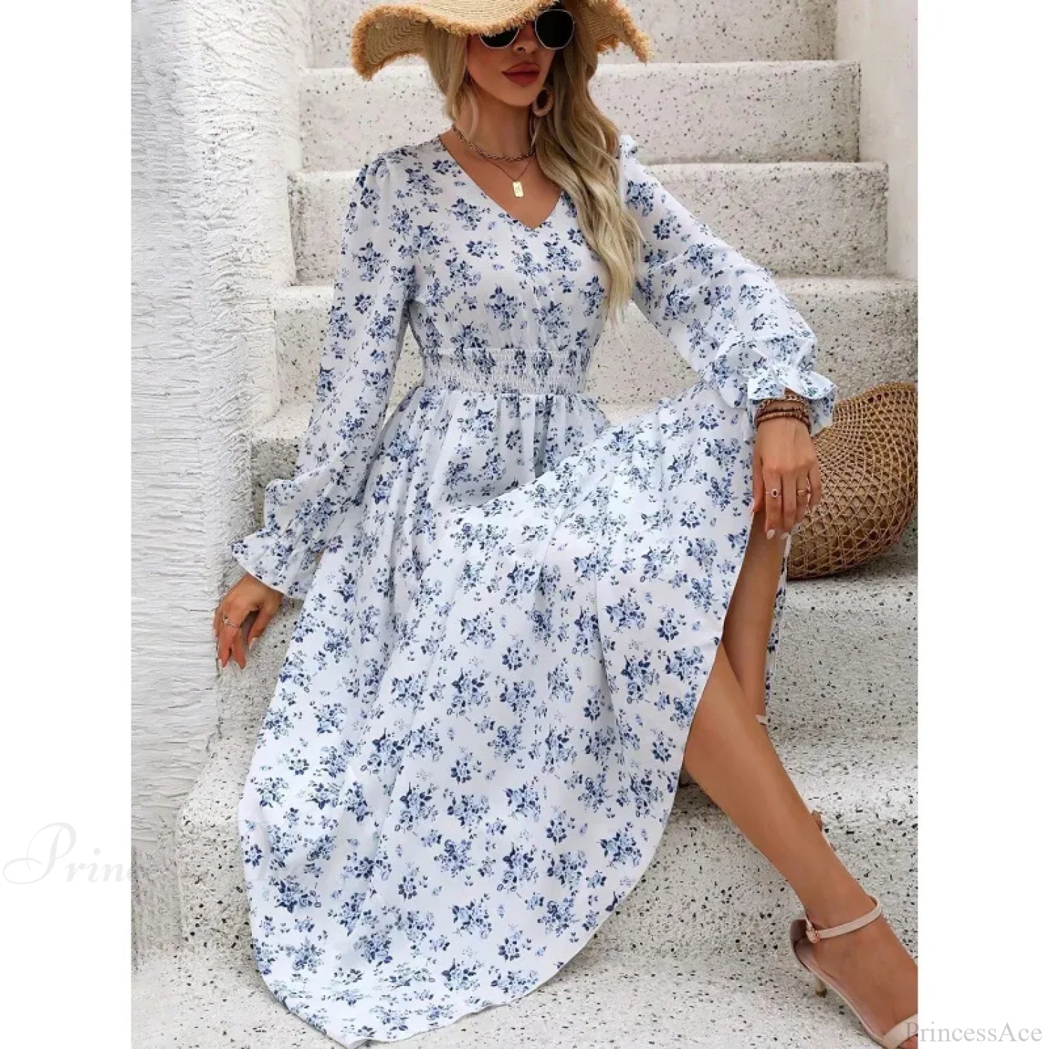 Retro Floral Print A-line Boho Dress White / S oldfloraldress-250126