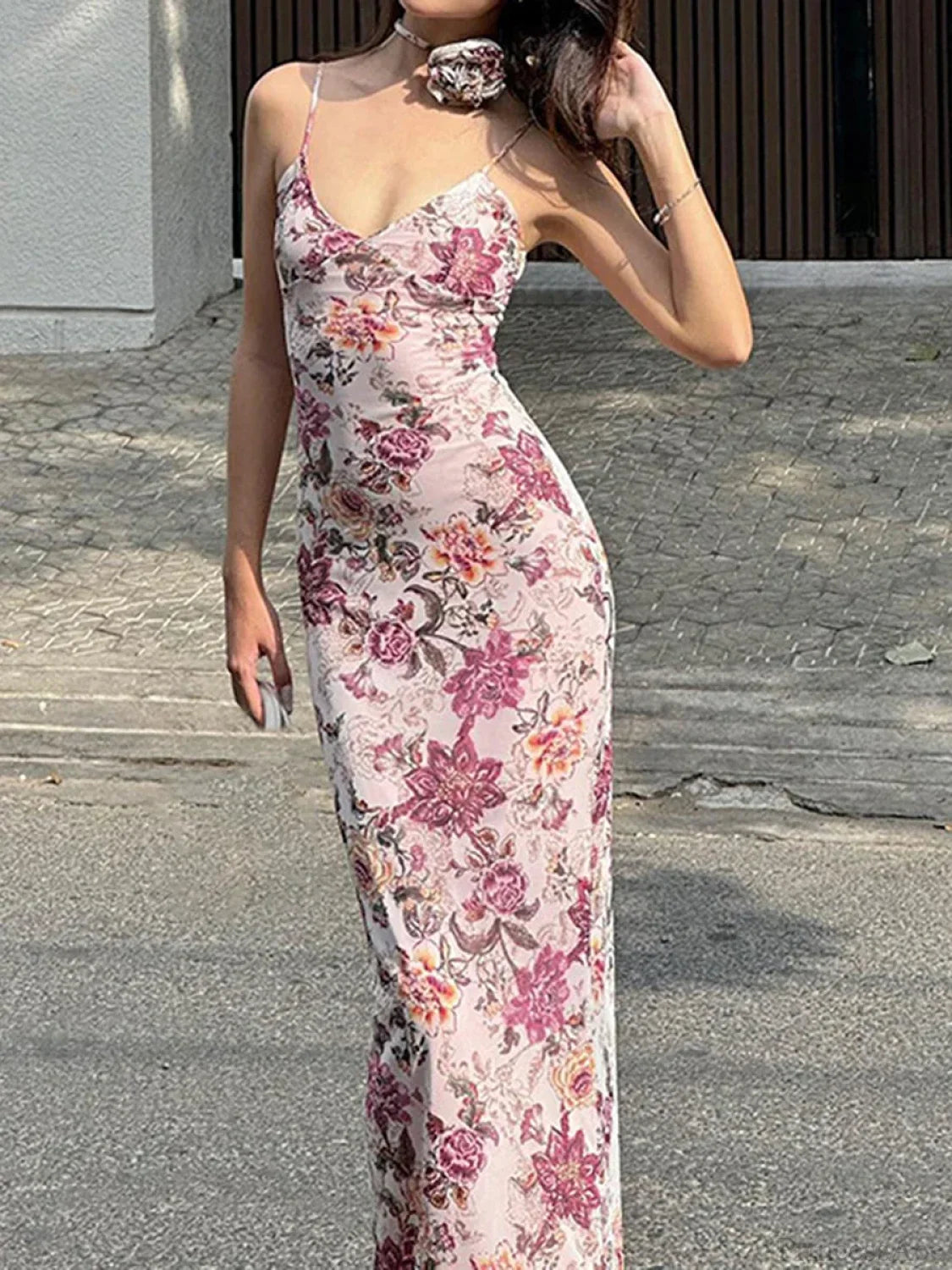 Retro Floral Print Cami Backless Wrap Floral Dress floraldress-250126