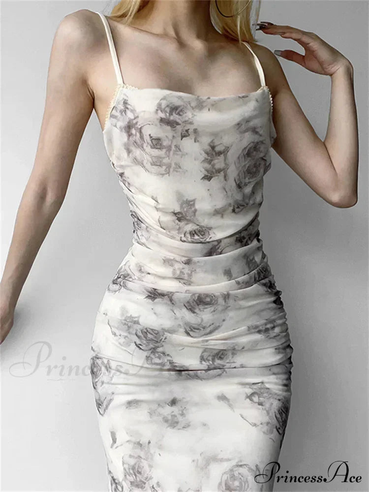 Retro Floral Print For Women Sleeveless Strap V-Neck Ruched Split Summer Party Female Vestidos