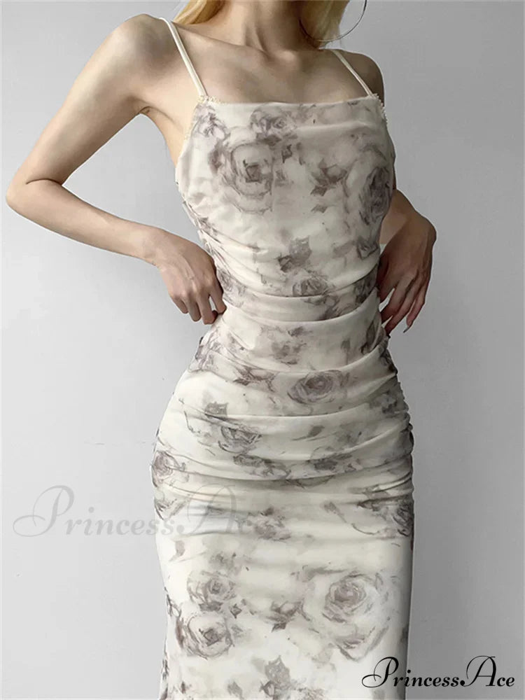 Retro Floral Print For Women Sleeveless Strap V-Neck Ruched Split Summer Party Female Vestidos