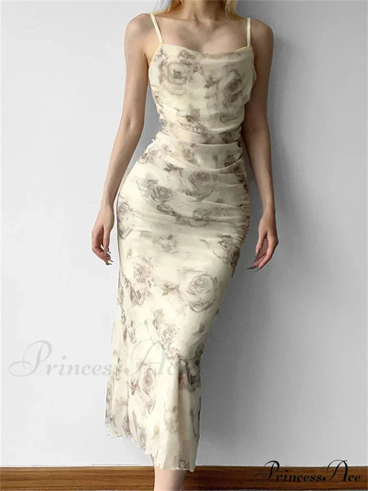 Retro Floral Print For Women Sleeveless Strap V-Neck Ruched Split Summer Party Female Vestidos