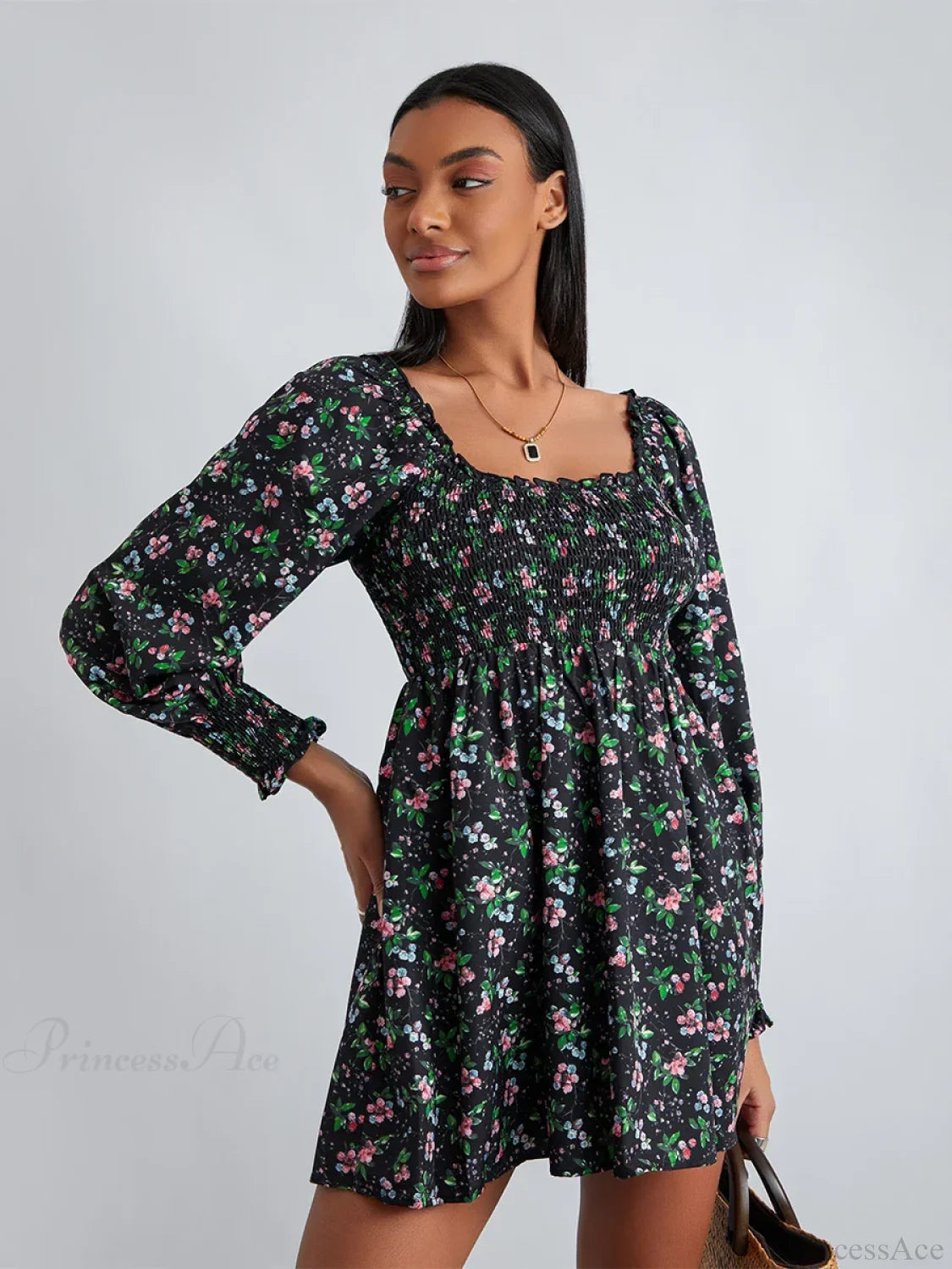 Retro Floral Print Ruffled Trim Square Neck A-Line Short Floral Dress floraldress-250126