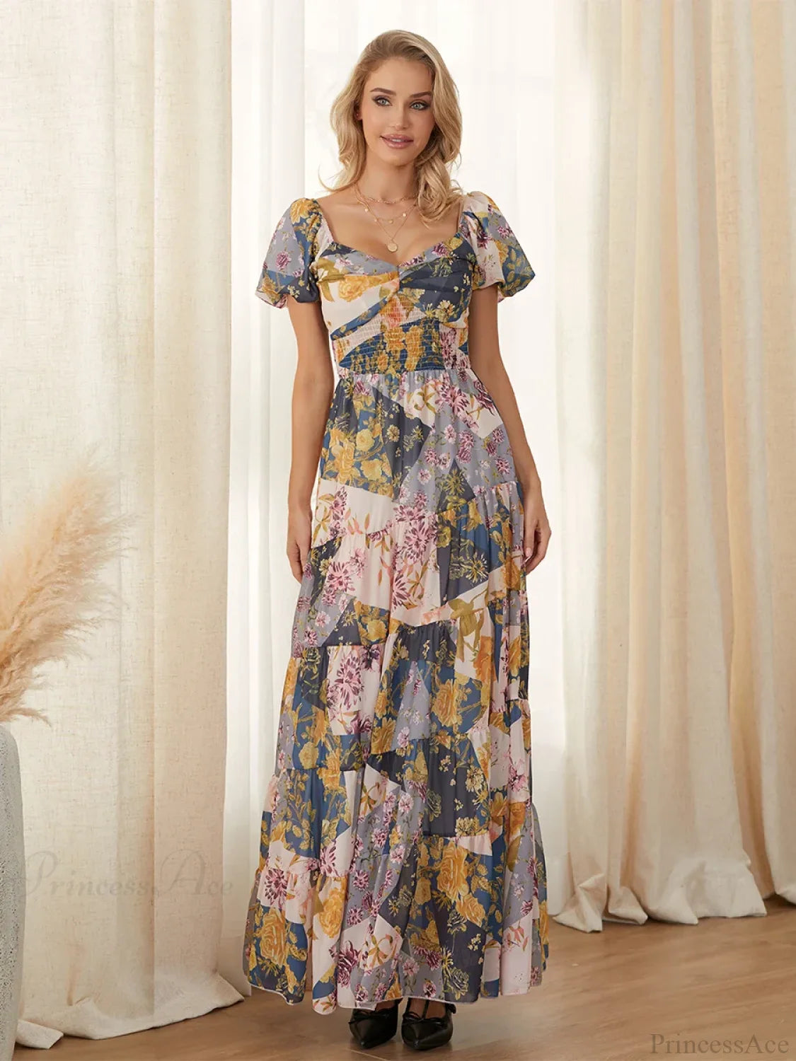 Retro Floral Print Swing Puff Short Sleeve Sweetheart Neck A-Line Beach Dress GREEN2 / S floraldress-250126