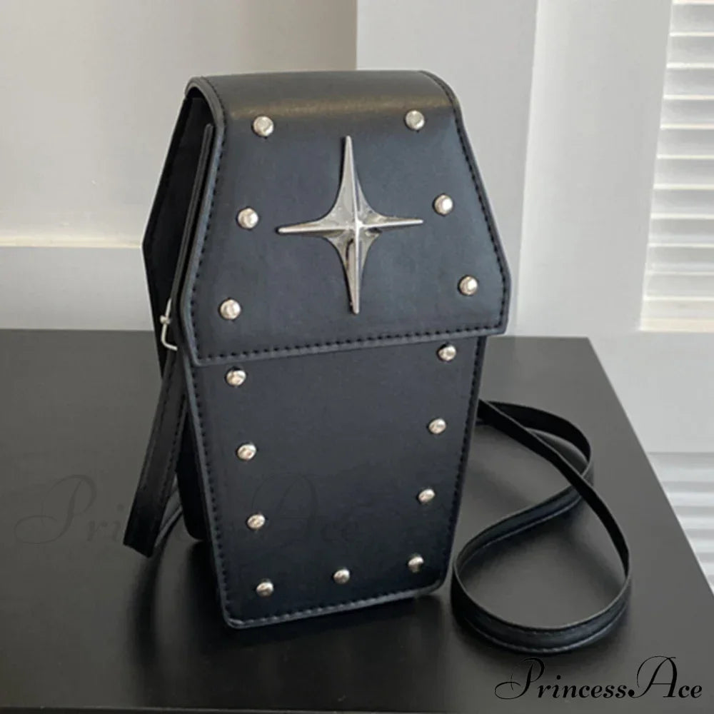 Retro Gothic Dark Personalized Casual Star Rivet Pu Leather Women Halloween Handbag Black