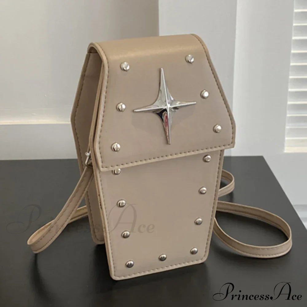 Retro Gothic Dark Personalized Casual Star Rivet Pu Leather Women Halloween Handbag Khaki