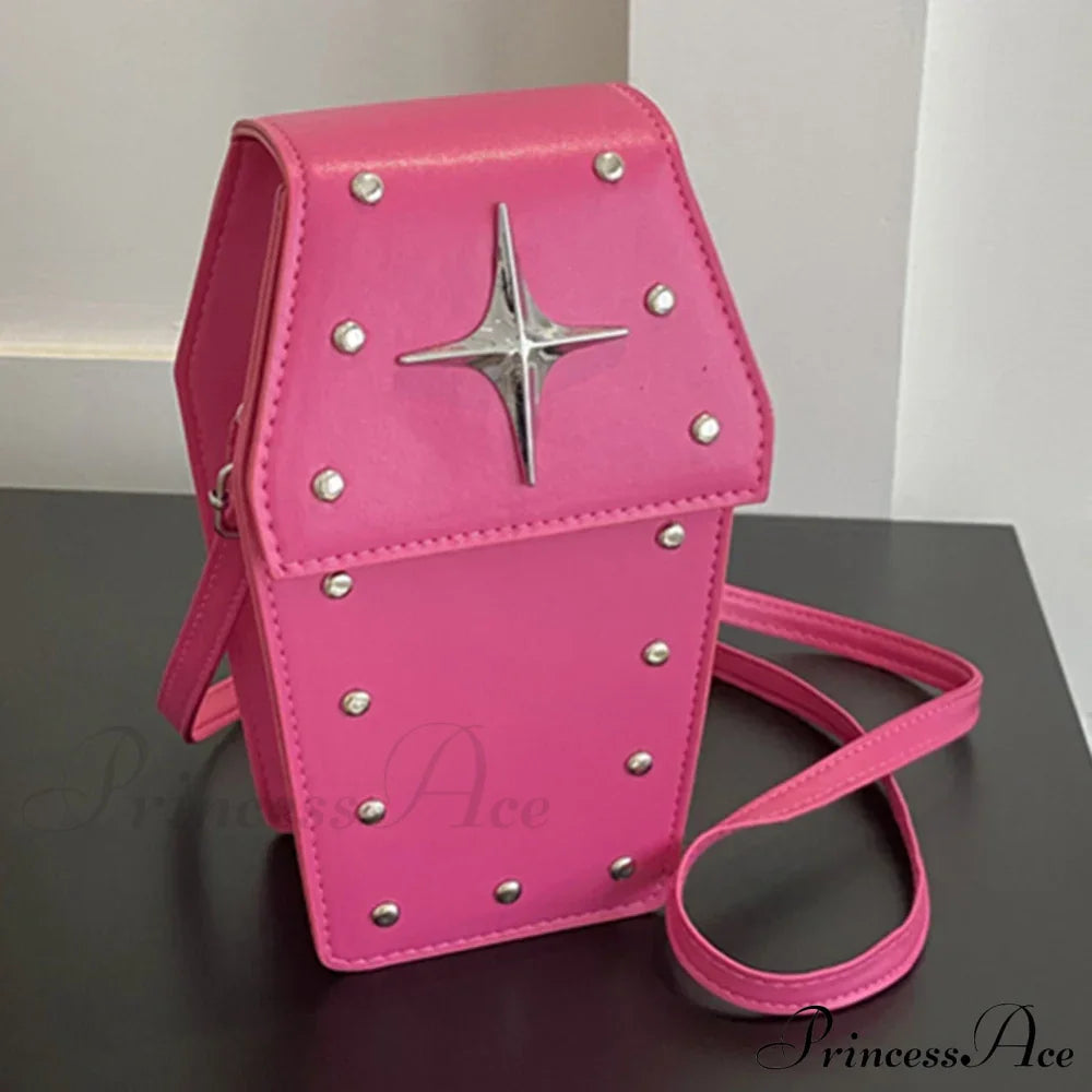 Retro Gothic Dark Personalized Casual Star Rivet Pu Leather Women Halloween Handbag Pink