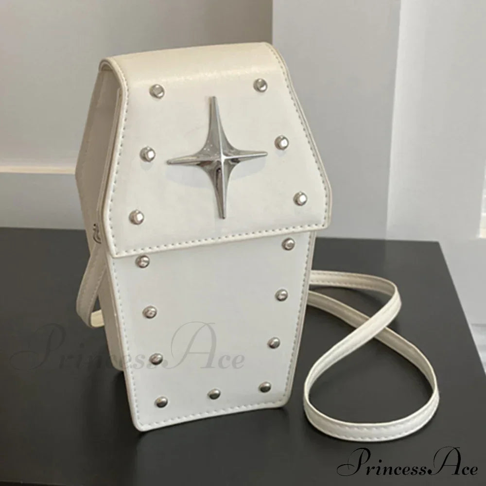 Retro Gothic Dark Personalized Casual Star Rivet Pu Leather Women Halloween Handbag White