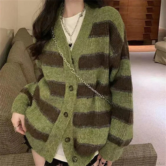 Retro Green Stripe V-Neck Single Breasted Cardigan Green / LIGHT GREEN cardiagn-250126
