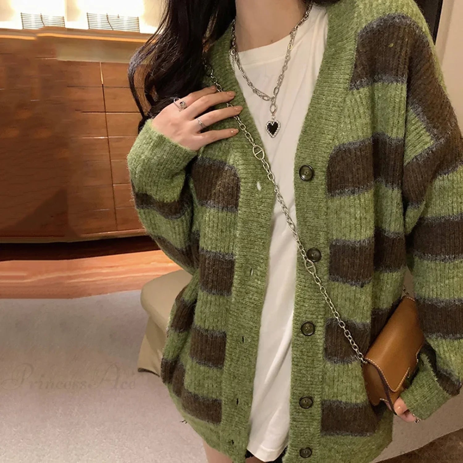 Retro Green Stripe V-Neck Single Breasted Cardigan Green / LIGHT GREEN cardiagn-250126