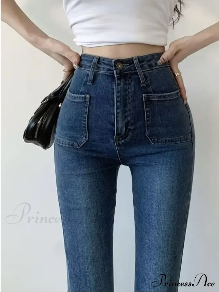 Retro Hot Girl Belt Niche High-Waisted Elastic Mopping Jean