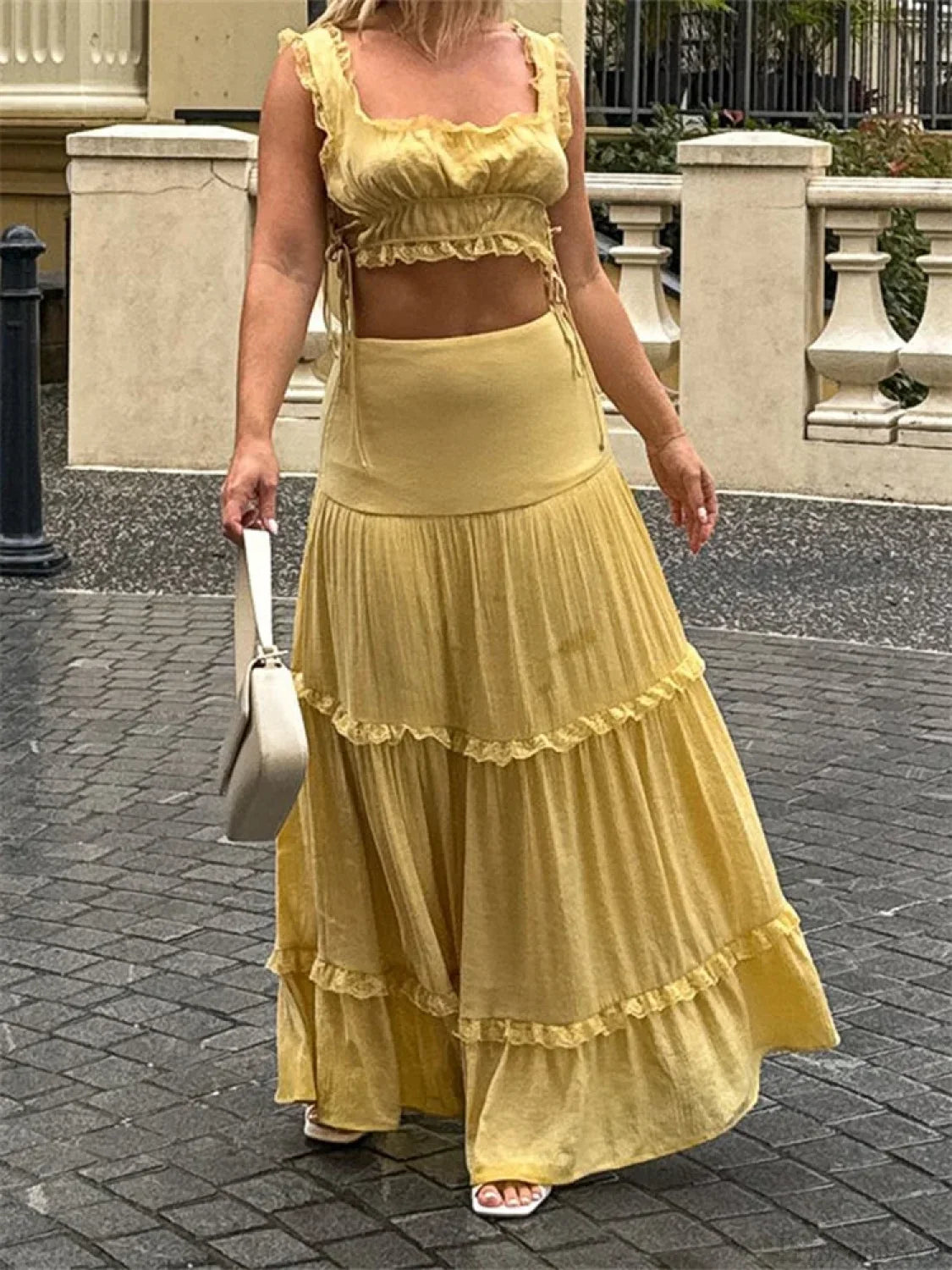 Retro Lace Trim Sleeveless Square Neck Tank Crop Top with Long Skirt Set twopiecesset-250126