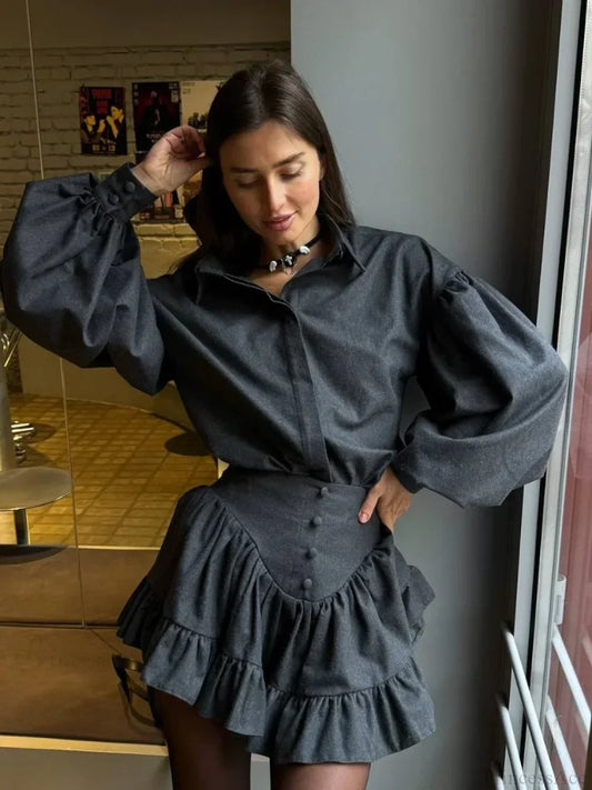 Retro Lapel Loose Bishop Sleeve Blouse Grey / S blouse-250223