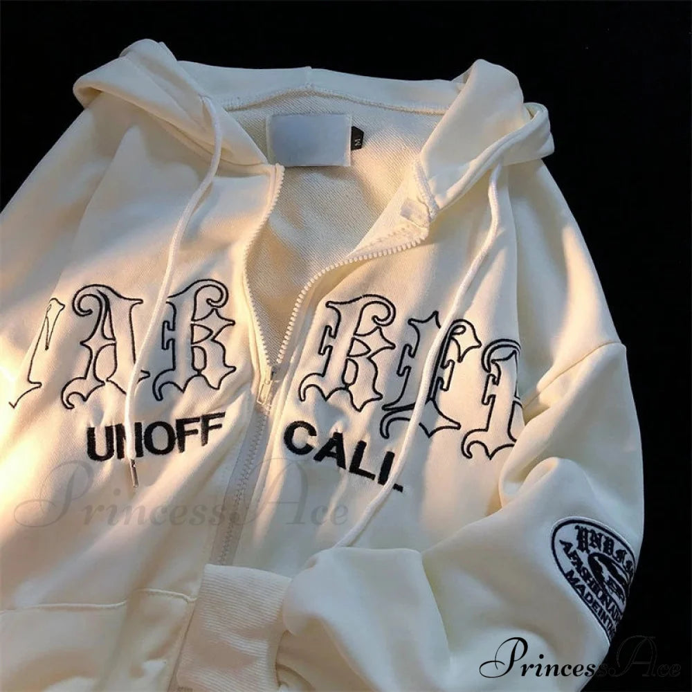 Retro Letter Print Baggy Hoody Jacket Apricot 2 / L