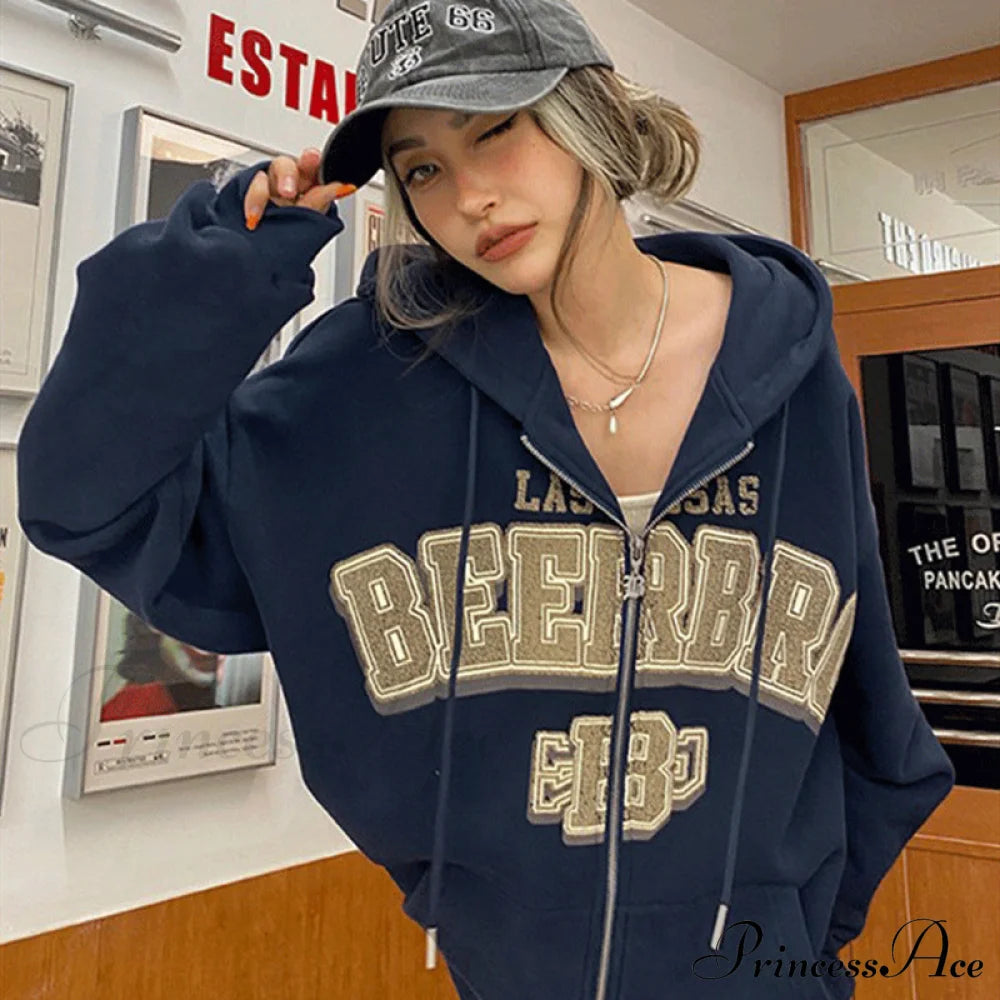 Retro Letter Print Baggy Hoody Jacket Dark Blue / L