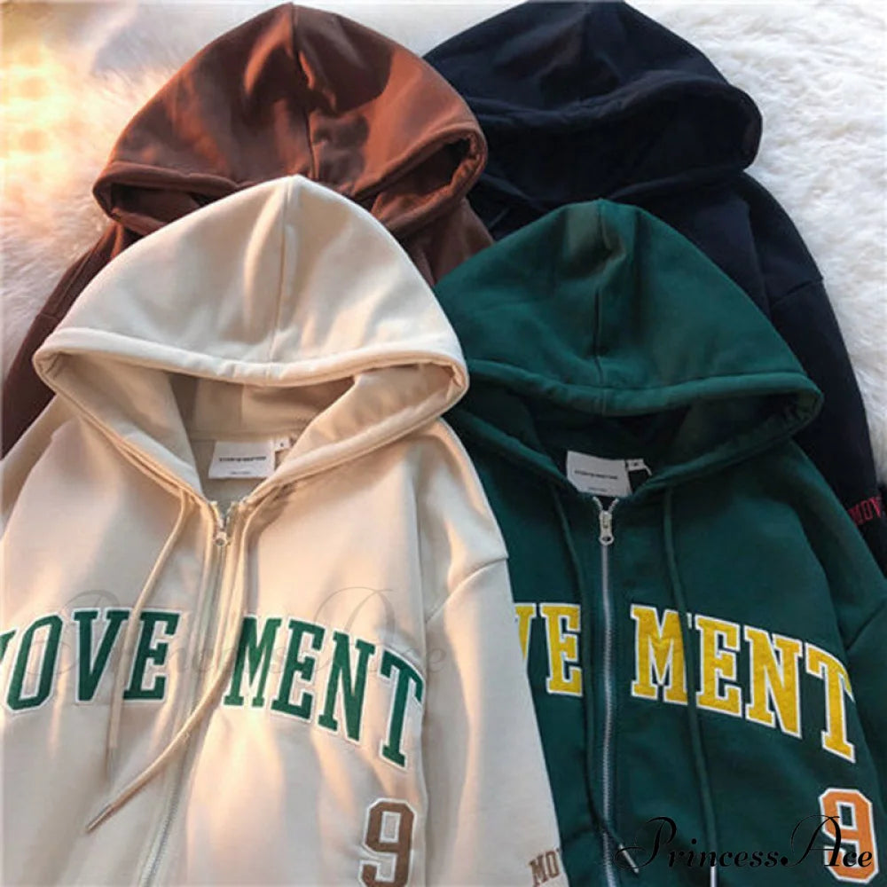 Retro Letter Print Loose Hoody Jacket