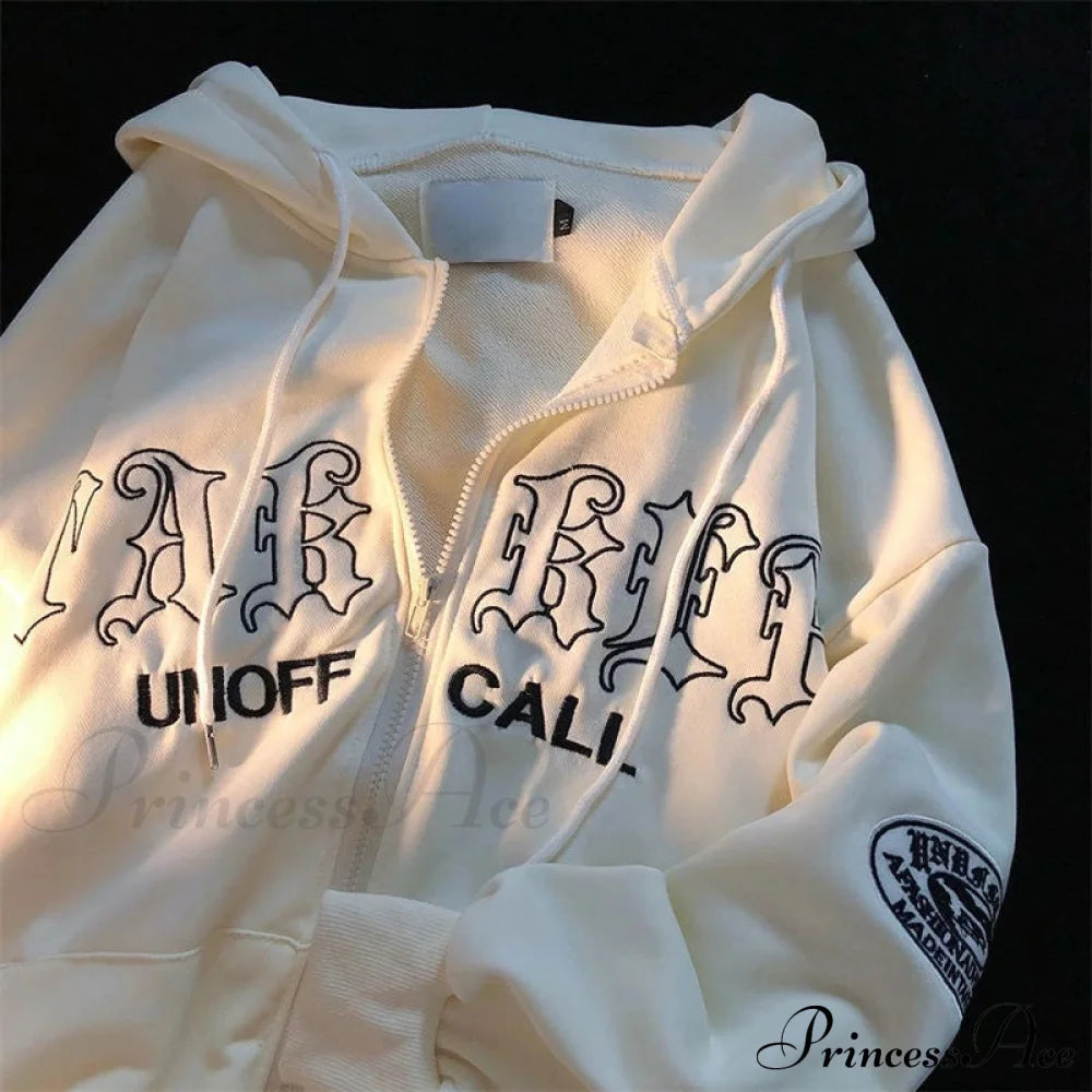 Retro Letter Print Loose Hoody Jacket Apricot 2 / S