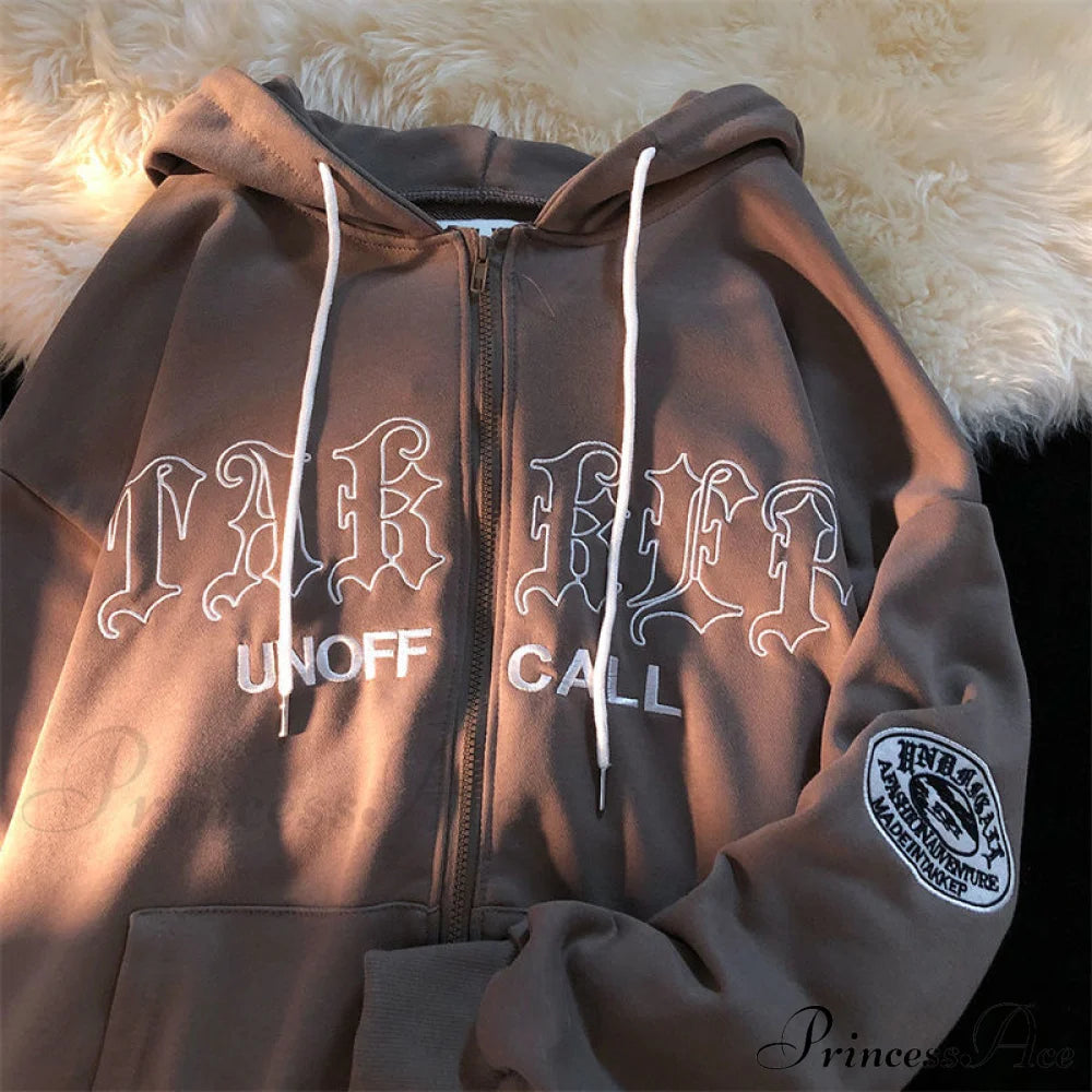 Retro Letter Print Loose Hoody Jacket Coffee / S