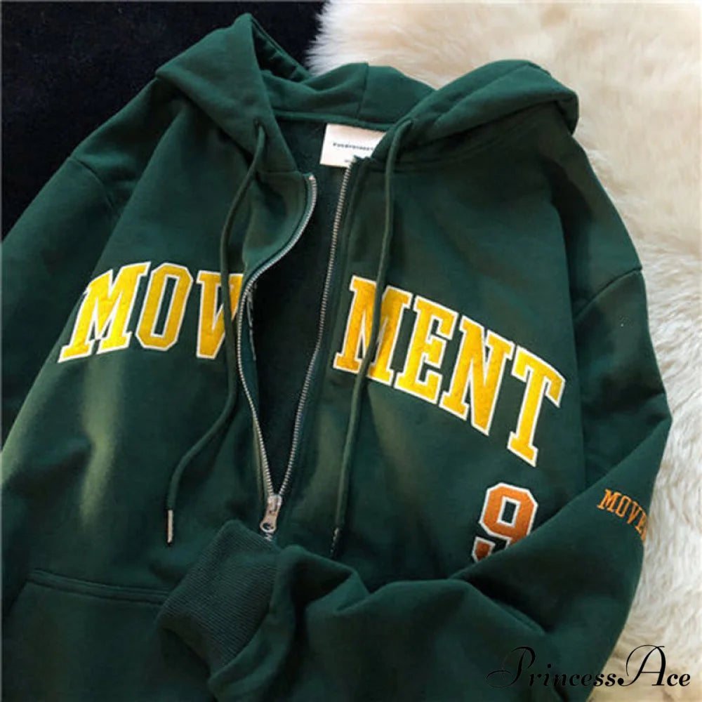 Retro Letter Print Loose Hoody Jacket Green / S