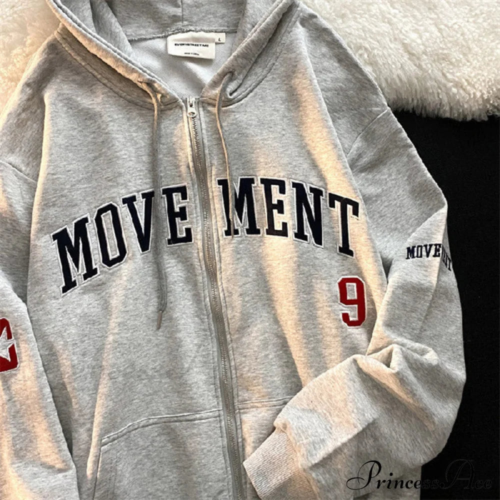 Retro Letter Print Loose Hoody Jacket Grey / S