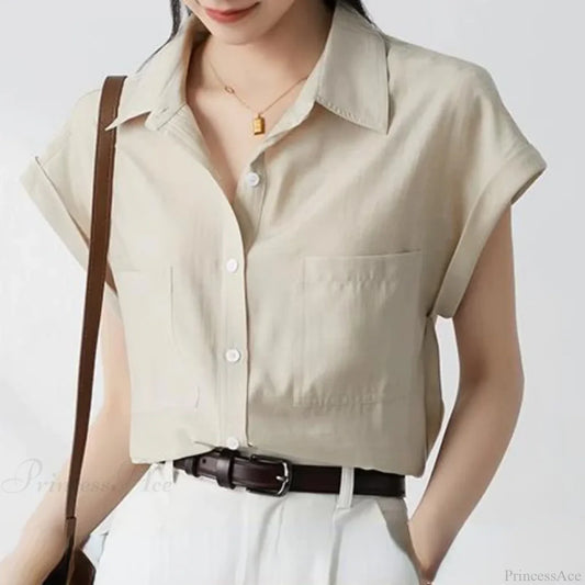 Retro Loose Lapel Pocket Short Sleeve Blouse blouse-250126
